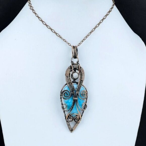 Hand Crafted Jewelry - Handcrafted Larimar ✦ Wire-Wrapped Pendant ✦ Pear-Shaped Ocean Stone 4.13g NWT
